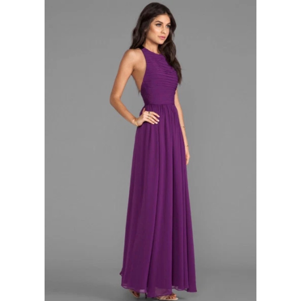 $550 NWT ALICE + OLIVIA Sz10 RUNIE RUCHED LEATHER STRAP T-BACK DRESS PLUM
